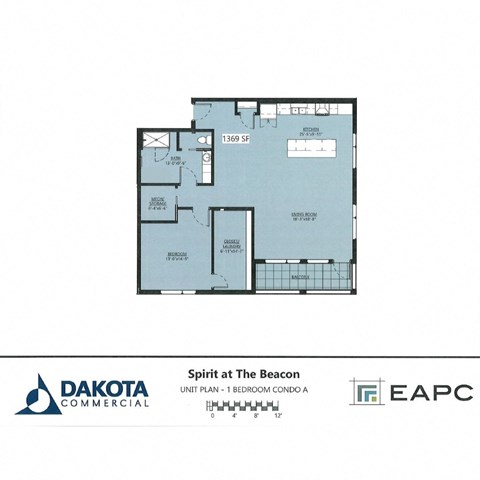 Floor plan for 1 bed, 1 bath, 1369 sqft